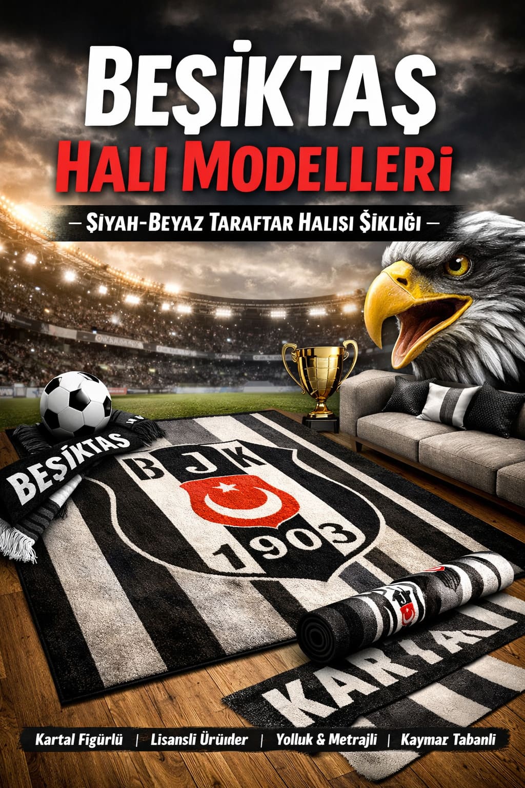 Beşiktaş Halı Modelleri Siyah Beyaz Taraftar Halısı