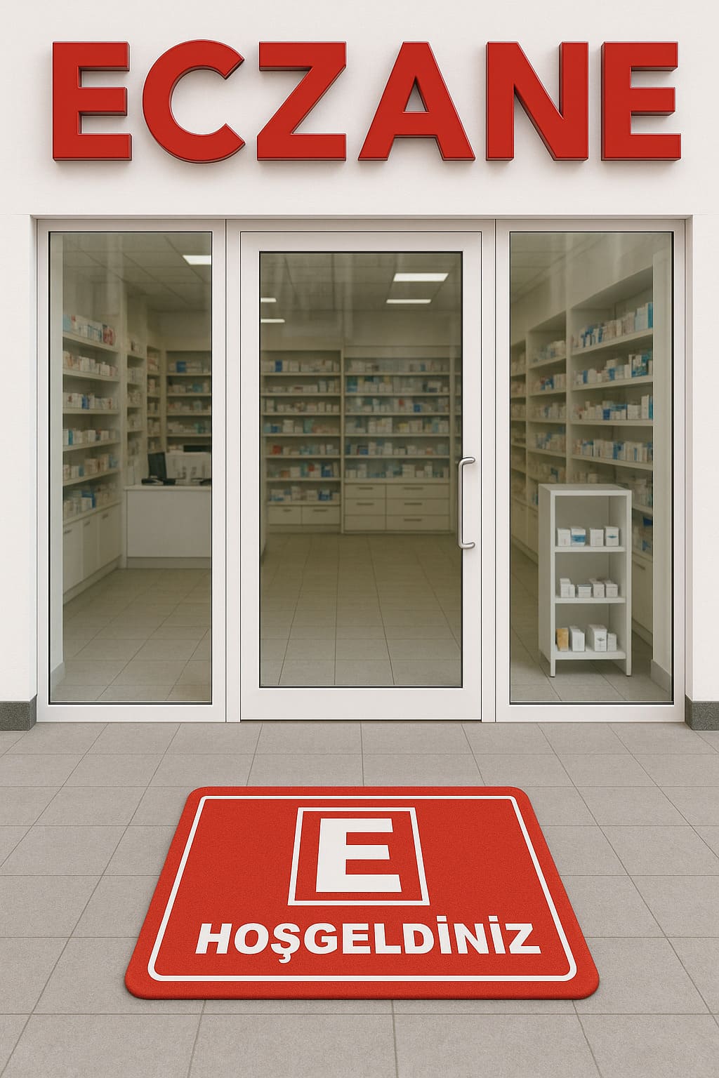 Eczane E Logolu Kaymaz Taban Paspas Özel Ölçü Dijital Baskı