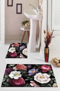 Renkli Çiçek Temalı Banyo Halısı Klozet Paspas Seti BS003 Renkli Çiçek Temalı Banyo Halısı Klozet Paspas Seti BS003