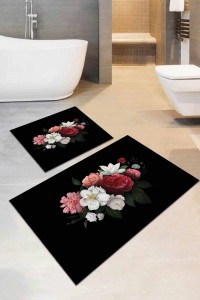Siyah Çiçek Desenli Banyo Halısı Klozet Paspas Seti BS004 Siyah Çiçek Desenli Banyo Halısı Klozet Paspas Seti BS004