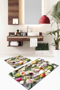 Renkli Çiçekli Banyo Halısı Klozet Takımı Paspas Seti BS006 Renkli Çiçekli Banyo Halısı Klozet Takımı Paspas Seti BS006