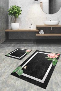 Füme Çiçek Desenli Banyo Halısı Klozet Paspas Seti BS008 Füme Çiçek Desenli Banyo Halısı Klozet Paspas Seti BS008