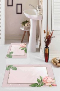 Pembe Çiçekli Desen Banyo Halısı Klozet Paspas Seti BS009 Pembe Çiçekli Desen Banyo Halısı Klozet Paspas Seti BS009