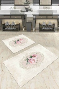 Bej Çiçek Desenli Banyo Halısı Klozet 2'li Paspas Seti BS035 Bej Çiçek Desenli Banyo Halısı Klozet 2'li Paspas Seti BS035