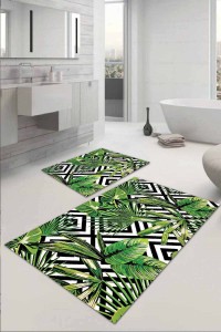 Yeşil Yapraklı Desen Banyo Halısı Klozet Paspas Seti BS037 Yeşil Yapraklı Desen Banyo Halısı Klozet Paspas Seti BS037