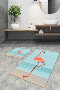 Turkuaz Flamingolu Banyo Halısı Klozet Paspas Seti BS043 Turkuaz Flamingolu Banyo Halısı Klozet Paspas Seti BS043