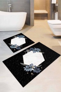Siyah Çiçekli Desen Banyo Halısı Klozet Paspas Seti BS048 Siyah Çiçekli Desen Banyo Halısı Klozet Paspas Seti BS048