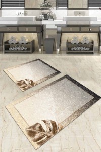 Bej Yaprak Desenli Banyo Halısı Klozet Paspas Seti BS055 Bej Yaprak Desenli Banyo Halısı Klozet Paspas Seti BS055