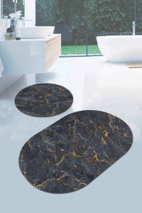Füme Mermer Görünümlü Oval Banyo Klozet Paspas Seti BS059 Füme Mermer Görünümlü Oval Banyo Klozet Paspas Seti BS059