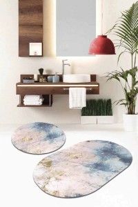 Mavi Mermer Görünümlü Oval Banyo Klozet Paspas Seti BS060 Mavi Mermer Görünümlü Oval Banyo Klozet Paspas Seti BS060