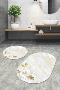 Krem Çiçek Desen Banyo Halısı Klozet Oval Paspas Seti BS061 Krem Çiçek Desen Banyo Halısı Klozet Oval Paspas Seti BS061