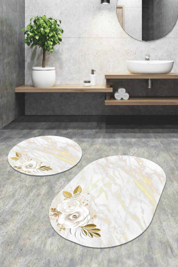 Krem Çiçek Desen Banyo Halısı Klozet Oval Paspas Seti BS061