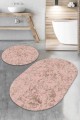 Pembe Mermer Görünümlü Oval Banyo Klozet Paspas Seti BS064