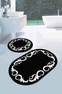 Siyah Çerçeveli Desen Oval Banyo Klozet Paspas Seti BS074 Siyah Çerçeveli Desen Oval Banyo Klozet Paspas Seti BS074