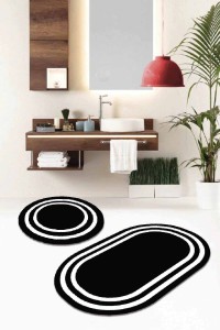 Siyah Çerçeve Desen Oval Banyo Klozet Paspas Seti BS075 Siyah Çerçeve Desen Oval Banyo Klozet Paspas Seti BS075