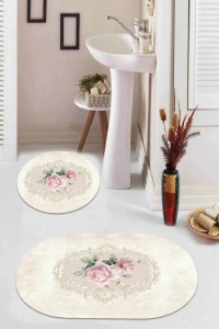 Bej Çiçekli Desen Banyo Halısı Klozet Oval Paspas Seti BS077 Bej Çiçekli Desen Banyo Halısı Klozet Oval Paspas Seti BS077