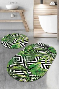 Yeşil Yapraklı Desen Oval Banyo Klozet Paspas Seti BS079 Yeşil Yapraklı Desen Oval Banyo Klozet Paspas Seti BS079