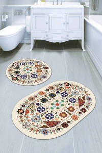 Krem Etnik Desen Banyo Halısı Klozet Oval Paspas Seti BS082 Krem Etnik Desen Banyo Halısı Klozet Oval Paspas Seti BS082
