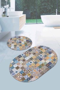 Mavi Çini Desenli Banyo Halısı Klozet Oval Paspas Seti BS084 Mavi Çini Desenli Banyo Halısı Klozet Oval Paspas Seti BS084
