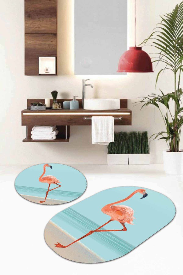 Turkuaz Flamingo Banyo Halısı Klozet Oval Paspas Seti BS085