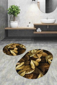 Gold Yaprak Desen Banyo Halısı Klozet Oval Paspas Seti BS086 Gold Yaprak Desen Banyo Halısı Klozet Oval Paspas Seti BS086
