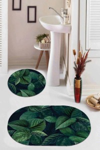 Yeşil Yaprak Temalı Oval Banyo Klozet Paspas Seti BS087 Yeşil Yaprak Temalı Oval Banyo Klozet Paspas Seti BS087