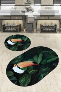 Yeşil Yapraklı Banyo Halısı Klozet Oval Paspas Seti BS088 Yeşil Yapraklı Banyo Halısı Klozet Oval Paspas Seti BS088
