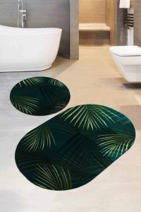 Yeşil Yapraklar Banyo Halısı Klozet Oval Paspas Seti BS091 Yeşil Yapraklar Banyo Halısı Klozet Oval Paspas Seti BS091
