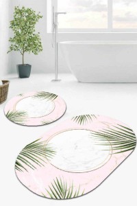 Pudra Yapraklı Banyo Halısı Klozet Oval Paspas Seti BS093 Pudra Yapraklı Banyo Halısı Klozet Oval Paspas Seti BS093