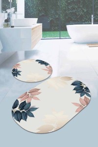 Krem Yapraklı Banyo Halısı Klozet Oval Paspas Seti BS094 Krem Yapraklı Banyo Halısı Klozet Oval Paspas Seti BS094