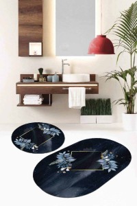 Lacivert Çiçek Temalı Oval Banyo Klozet Paspas Seti BS095 Lacivert Çiçek Temalı Oval Banyo Klozet Paspas Seti BS095