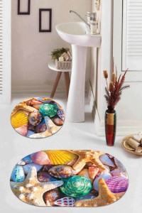 Renkli Marin Desen Oval 2'li Banyo Klozet Paspas Seti BS097 Renkli Marin Desen Oval 2'li Banyo Klozet Paspas Seti BS097