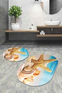 Renkli Marin Desen Oval 2'li Banyo Klozet Paspas Seti BS098 Renkli Marin Desen Oval 2'li Banyo Klozet Paspas Seti BS098