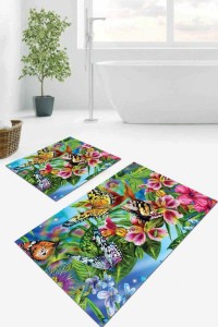 Renkli Çiçekli Banyo Halısı Klozet Takımı Paspas Seti BS103 Renkli Çiçekli Banyo Halısı Klozet Takımı Paspas Seti BS103