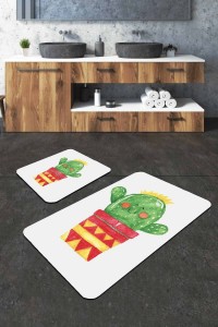 Yeşil Kaktüs Desenli Banyo Halısı Klozet Paspas Seti BS241 Yeşil Kaktüs Desenli Banyo Halısı Klozet Paspas Seti BS241