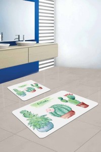 Yeşil Kaktüs Desen Banyo Halısı Klozet Paspas Seti BS243 Yeşil Kaktüs Desen Banyo Halısı Klozet Paspas Seti BS243