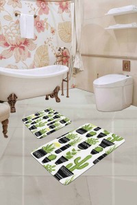 Yeşil Kaktüslü Desen Banyo Halısı Klozet Paspas Seti BS244 Yeşil Kaktüslü Desen Banyo Halısı Klozet Paspas Seti BS244
