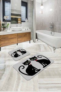 Gri Kedi Temalı Banyo Halısı Klozet Takımı Paspas Seti BS252 Gri Kedi Temalı Banyo Halısı Klozet Takımı Paspas Seti BS252