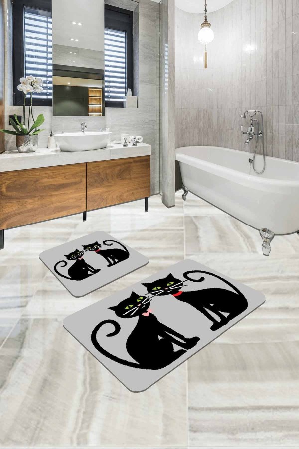 Gri Kedi Temalı Banyo Halısı Klozet Takımı Paspas Seti BS252