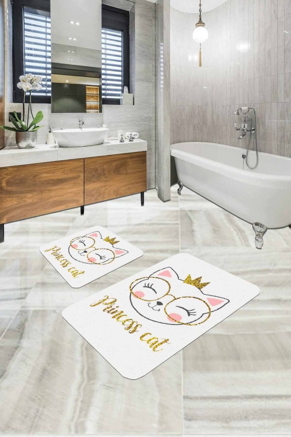 Ekru Kedi Temalı Banyo Halısı Klozet 2'li Paspas Seti BS256