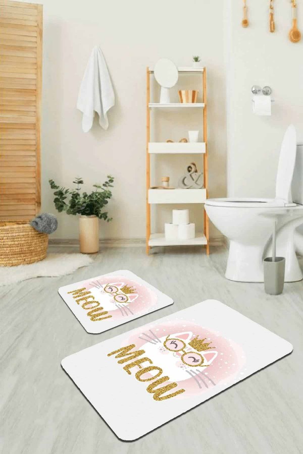 Pembe Kedi Temalı Banyo Halısı Klozet 2'li Paspas Seti BS260