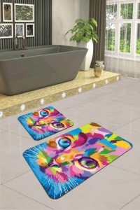 Renkli Kedili Desen Banyo Halısı Klozet Paspas Seti BS263 Renkli Kedili Desen Banyo Halısı Klozet Paspas Seti BS263