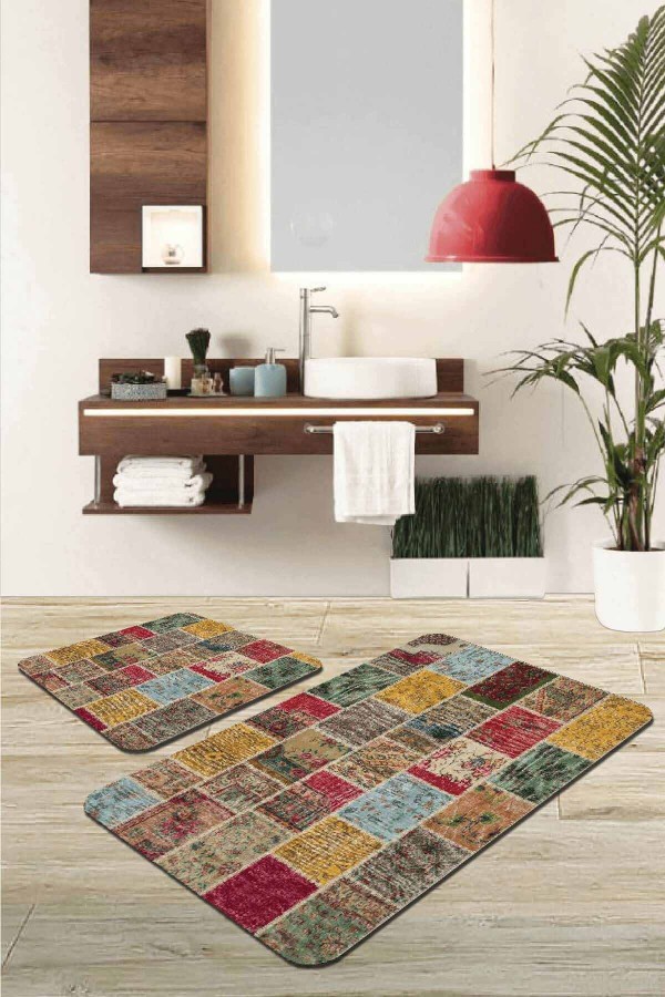 Renkli Patchwork Banyo Halısı Klozet 2'li Paspas Seti BS293