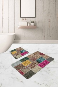 Renkli Patchwork Banyo Halısı Klozet 2'li Paspas Seti BS294 Renkli Patchwork Banyo Halısı Klozet 2'li Paspas Seti BS294