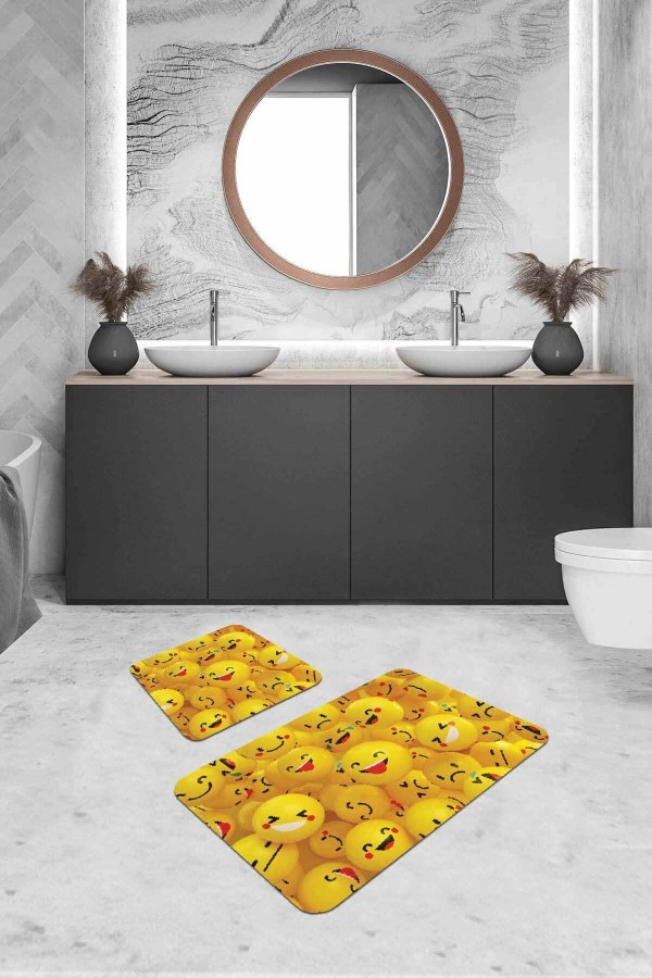 Sarı Smiley Banyo Halısı Klozet Takımı Paspas Seti BS296