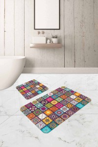 Renkli Çini Desenli Banyo Halısı Klozet Paspas Seti BS303 Renkli Çini Desenli Banyo Halısı Klozet Paspas Seti BS303