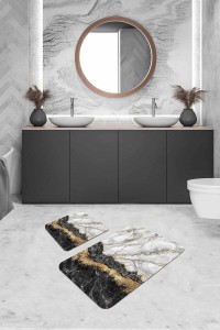 Siyah Mermer Görünümlü Banyo Halısı Klozet Paspas Seti BS305 Siyah Mermer Görünümlü Banyo Halısı Klozet Paspas Seti BS305