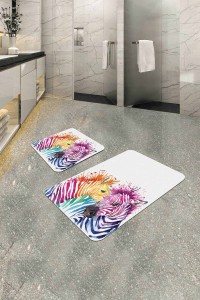Renkli Hayvan Temalı Banyo Halısı Klozet Paspas Seti BS308 Renkli Hayvan Temalı Banyo Halısı Klozet Paspas Seti BS308