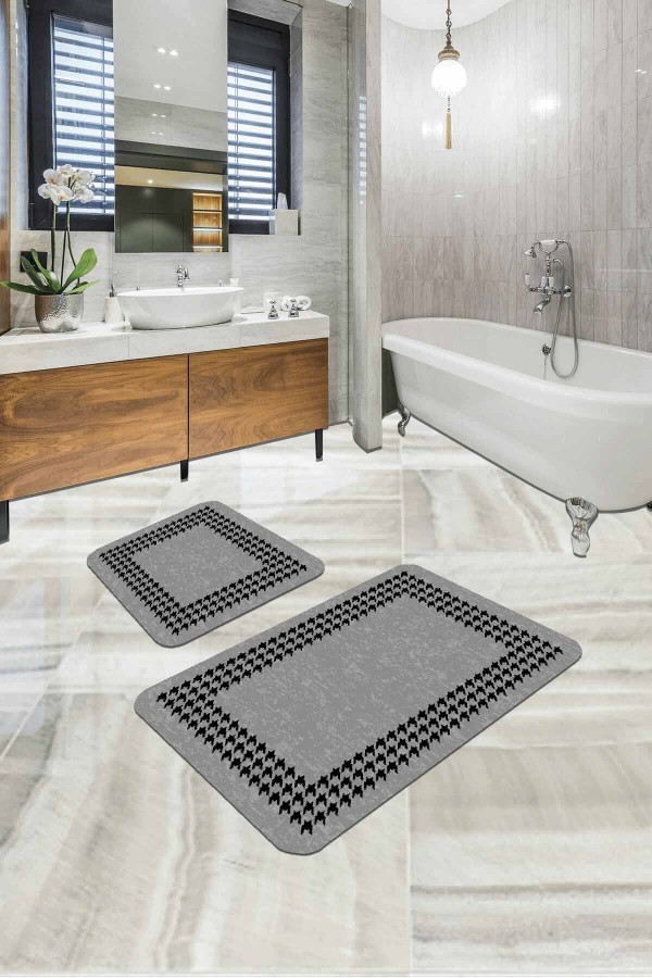 Gri Kazayağı Desenli Banyo Halısı Klozet Paspas Seti BS332