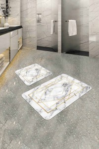 Beyaz Mermer Görünümlü Banyo Halısı Klozet Paspas Seti BS345 Beyaz Mermer Görünümlü Banyo Halısı Klozet Paspas Seti BS345